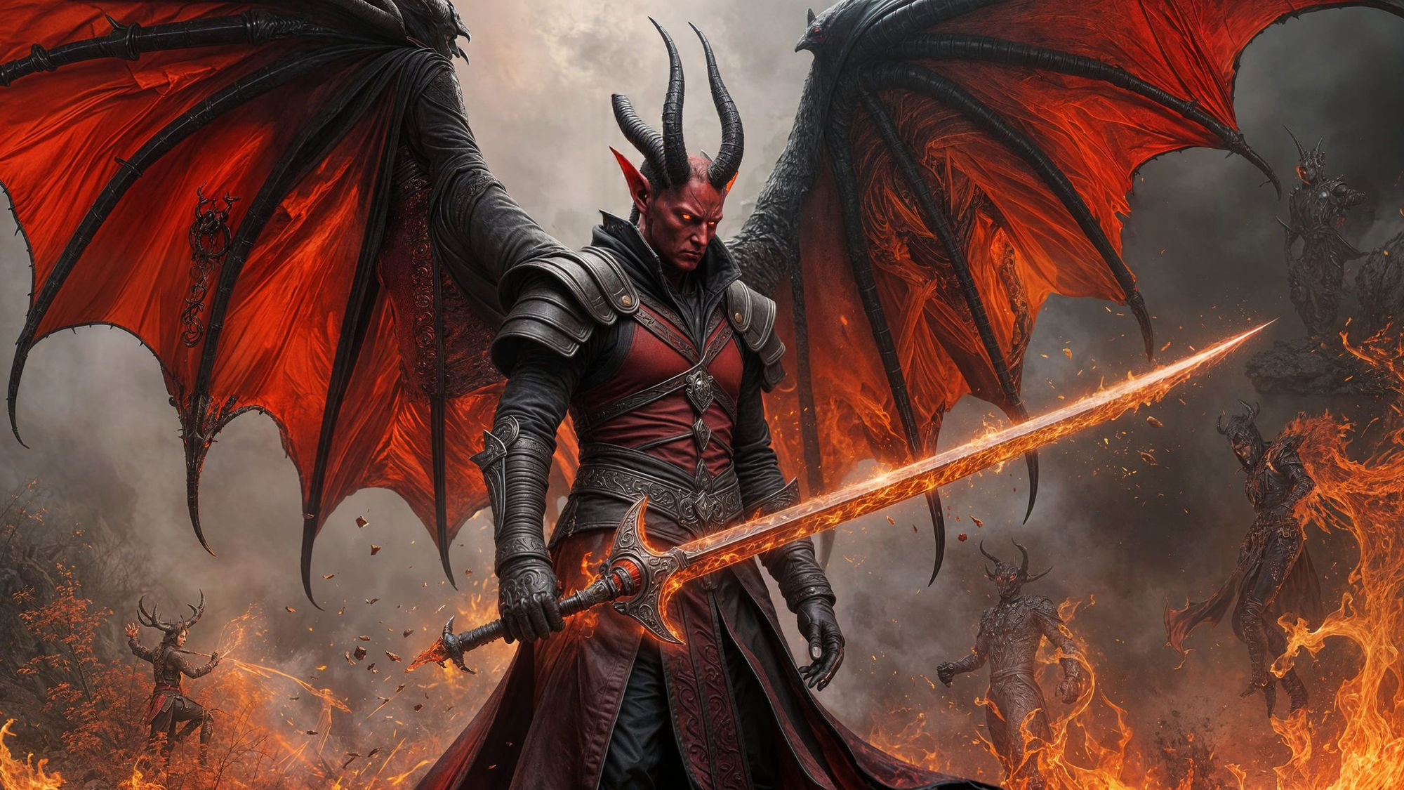 Makos the Tiefling wielding his enchanted blade