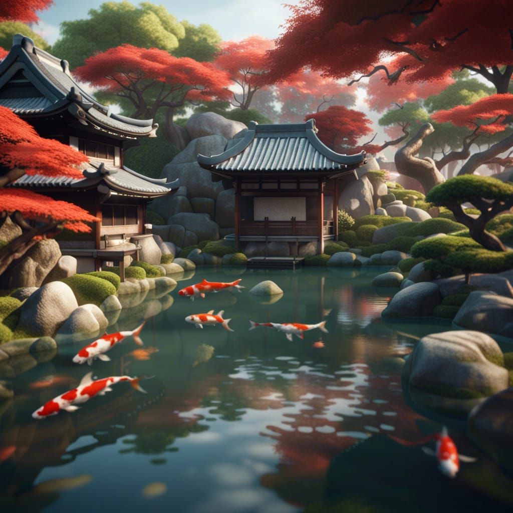 Japanese garden with koi fish pond himeji - AI Generated Artwork ...