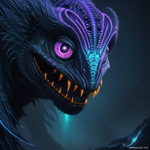 Close-Up Creature Concept Art with Bioluminescent Neon Light...