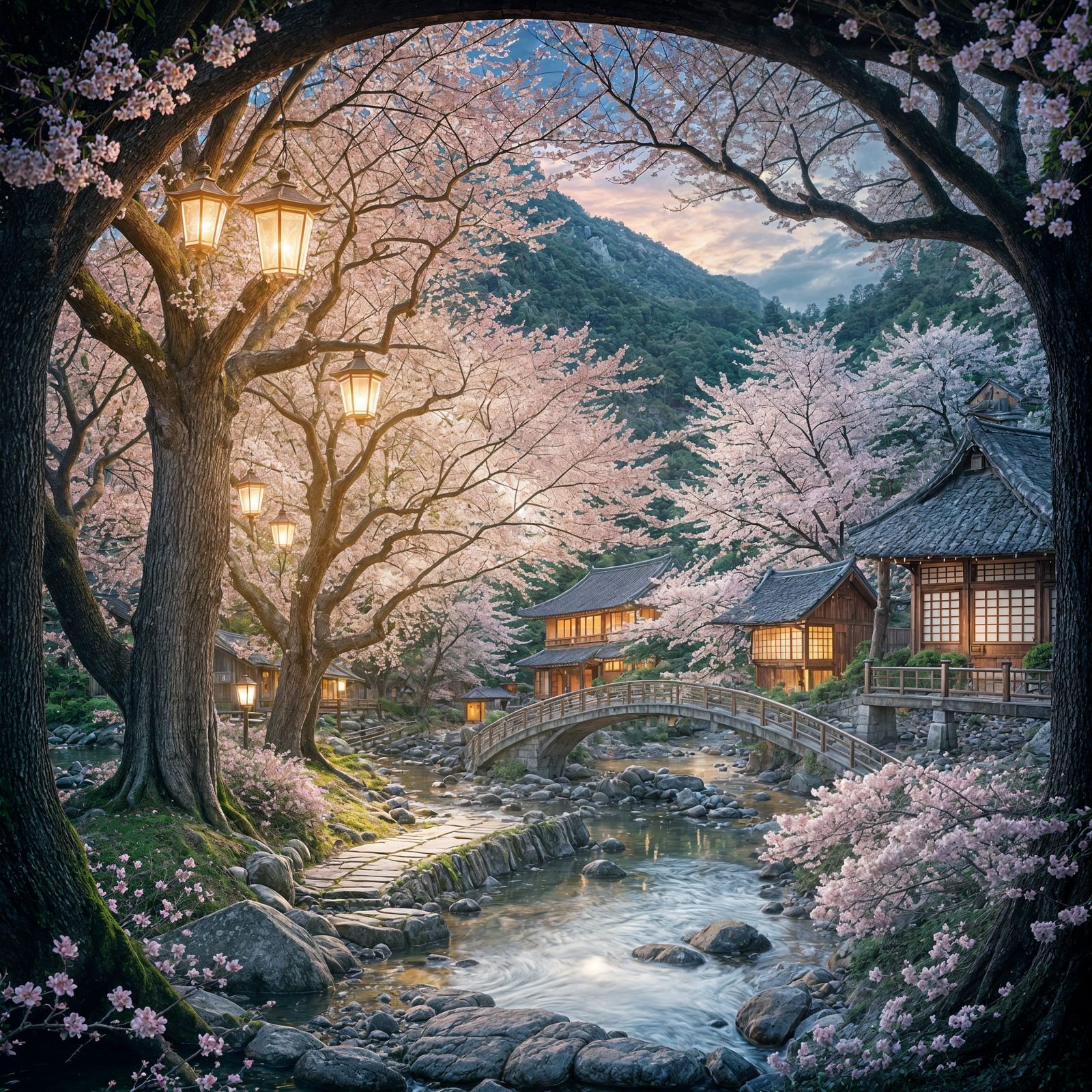 Dreamy Watercolor Japanese Village with Teddy Bears