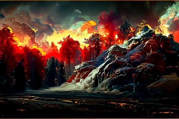 Raging, massive forest fire in snow covered mountains. By Ca...