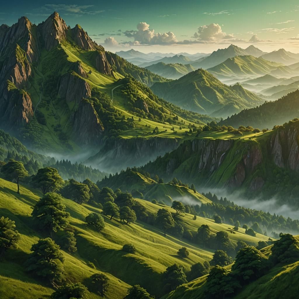 Lush Fantasy Landscape Matte Painting in Emerald and Gold