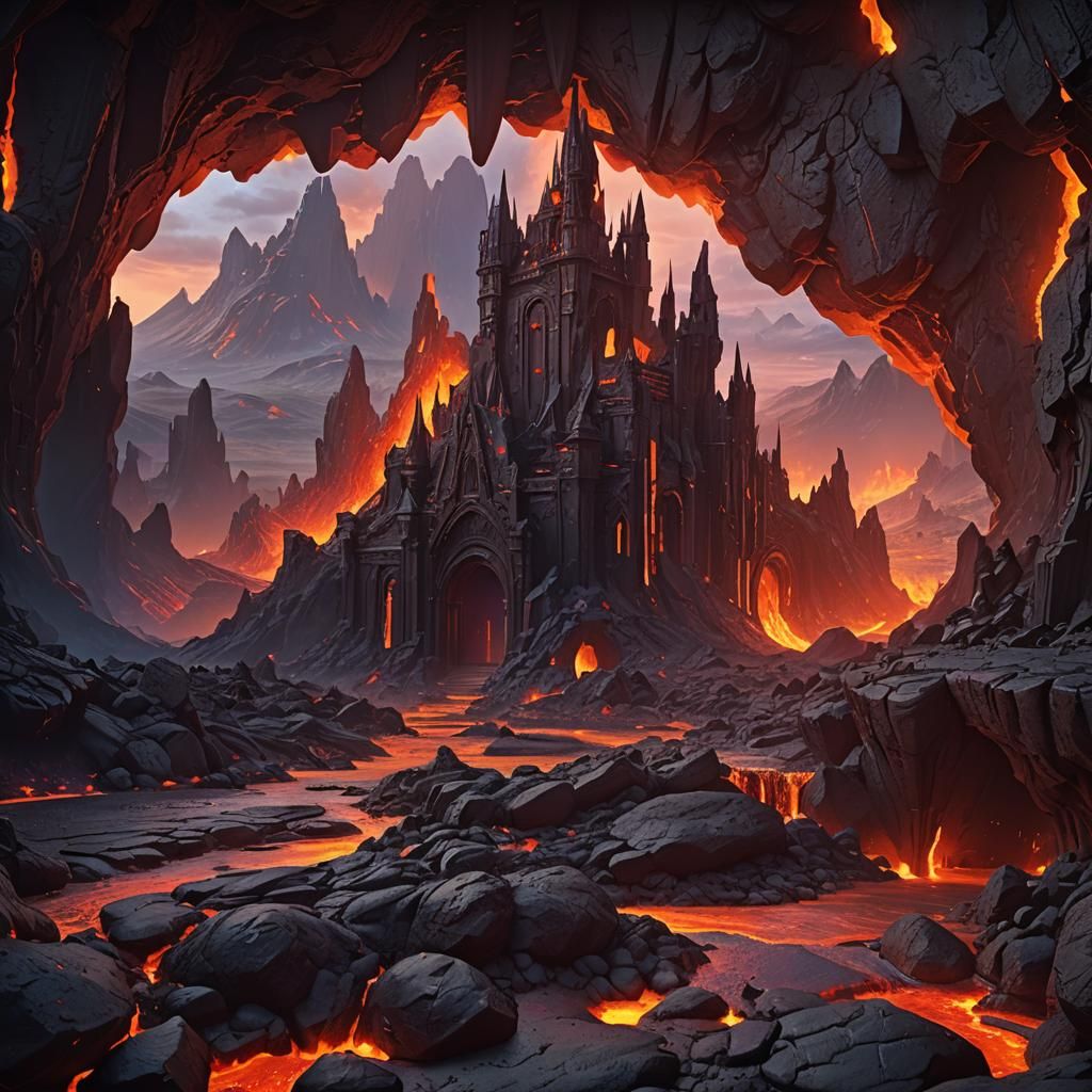 Lava Castle Framed in Molten Rock: Fantasy Art
