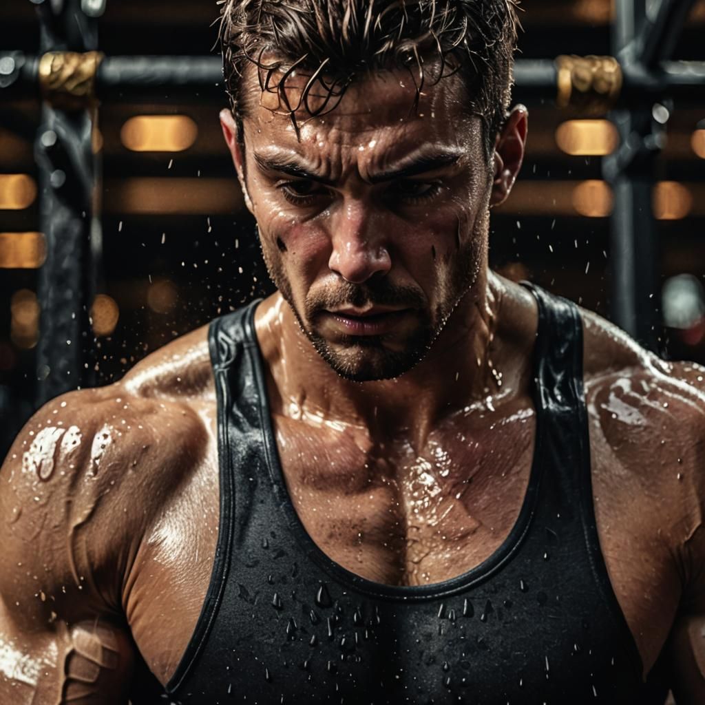 A man dripping sweat from a workout intricate details, HDR, ...
