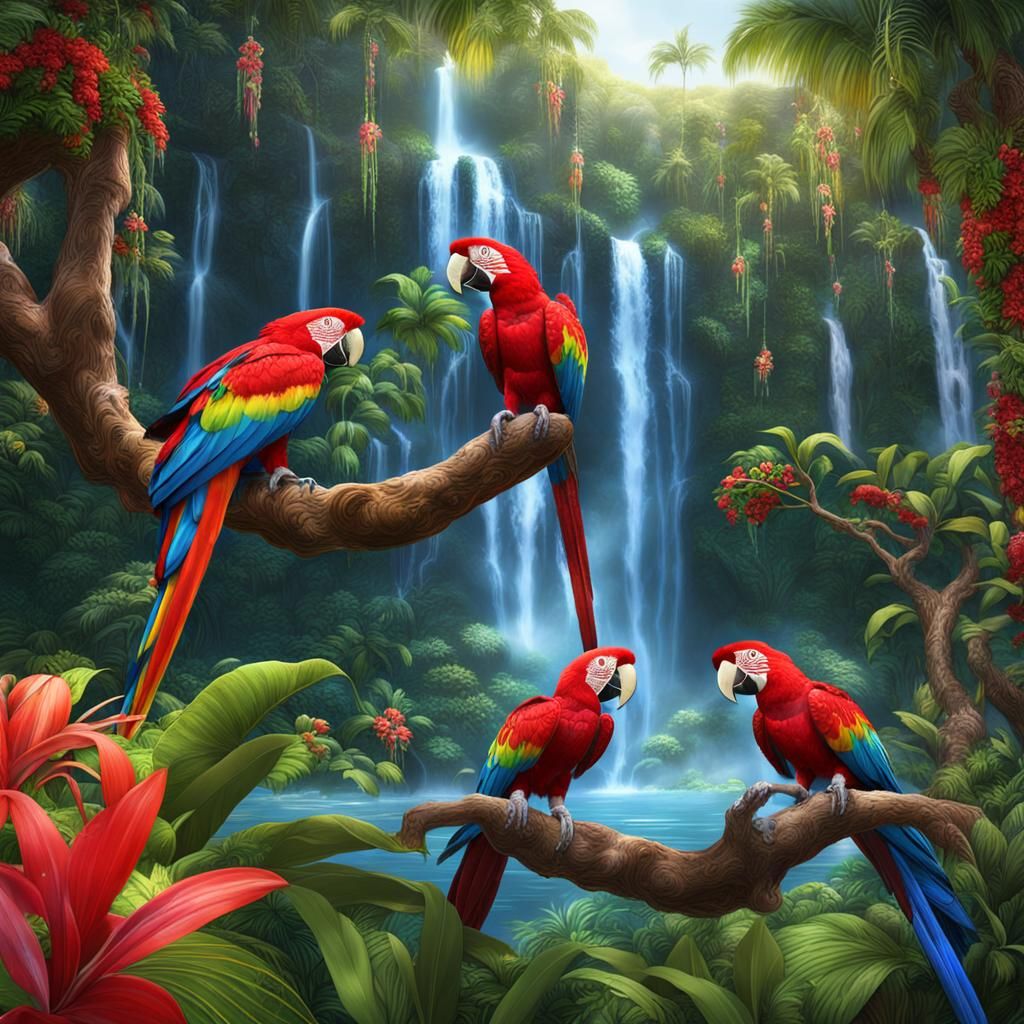 Tropical Hawaiian waterfalls, green trees and beautiful Hawa...