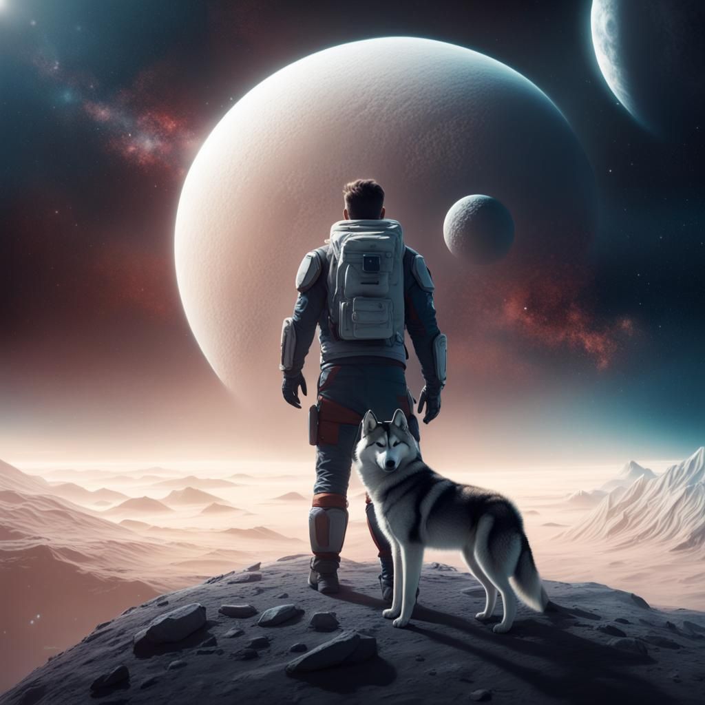 man and a husky beside him in space.simple mild colors.