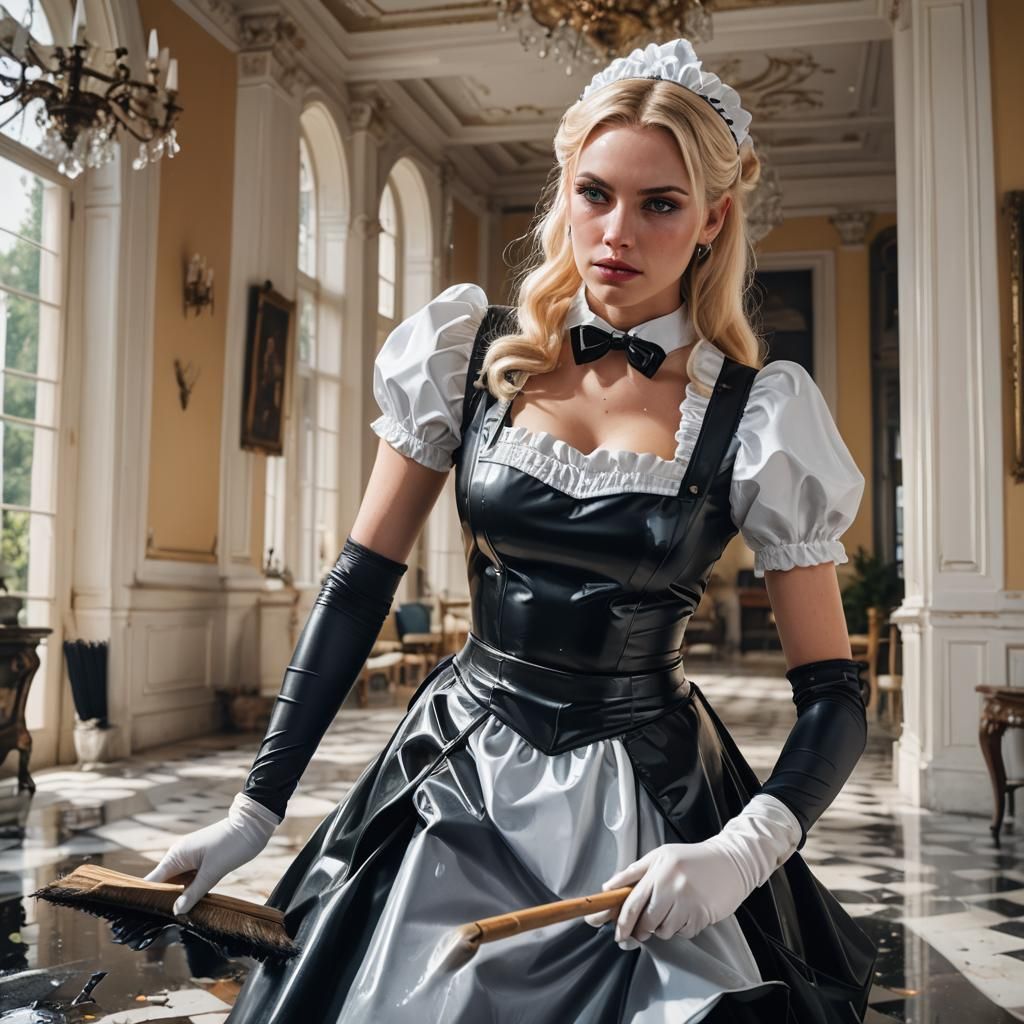 Woman in Latex Maid Outfit Cleans Mansion