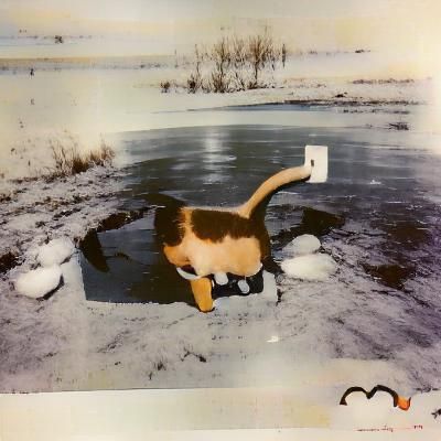 A one-legged cat trying to bury turds on a frozen pond