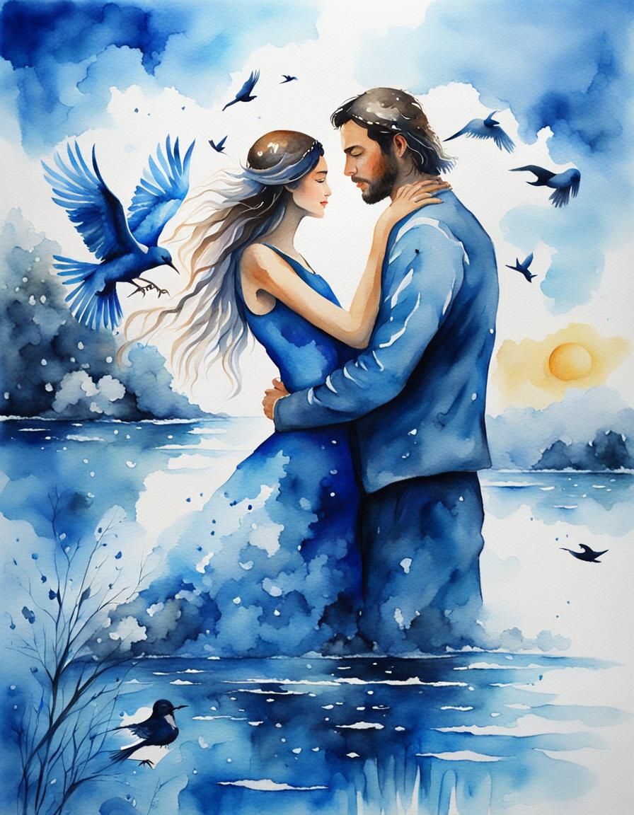 Watercolor Embrace: A Fantasy Landscape in Blue