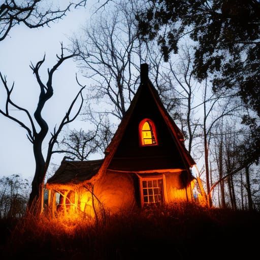 A small, witch house, buried somewhere deep in a secluded area. AI