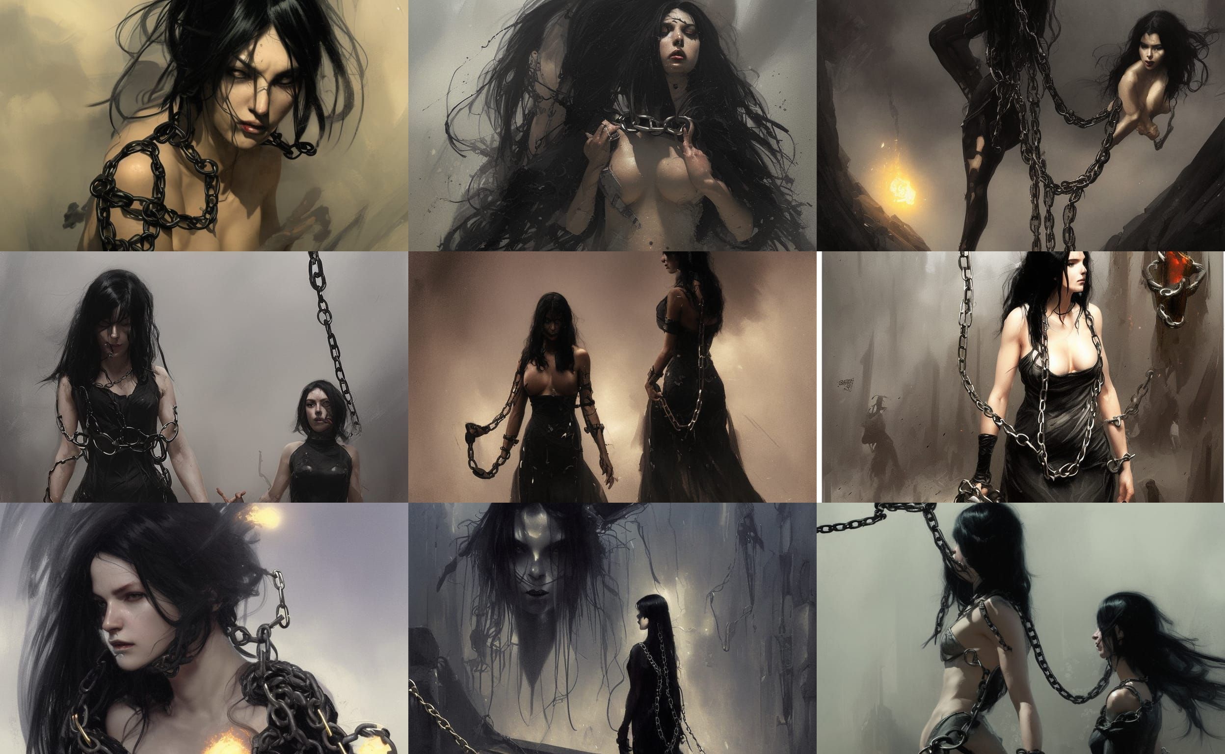 a black-haired woman bound in chains sinister by Greg Rutkowski - AI  Generated Artwork - NightCafe Creator