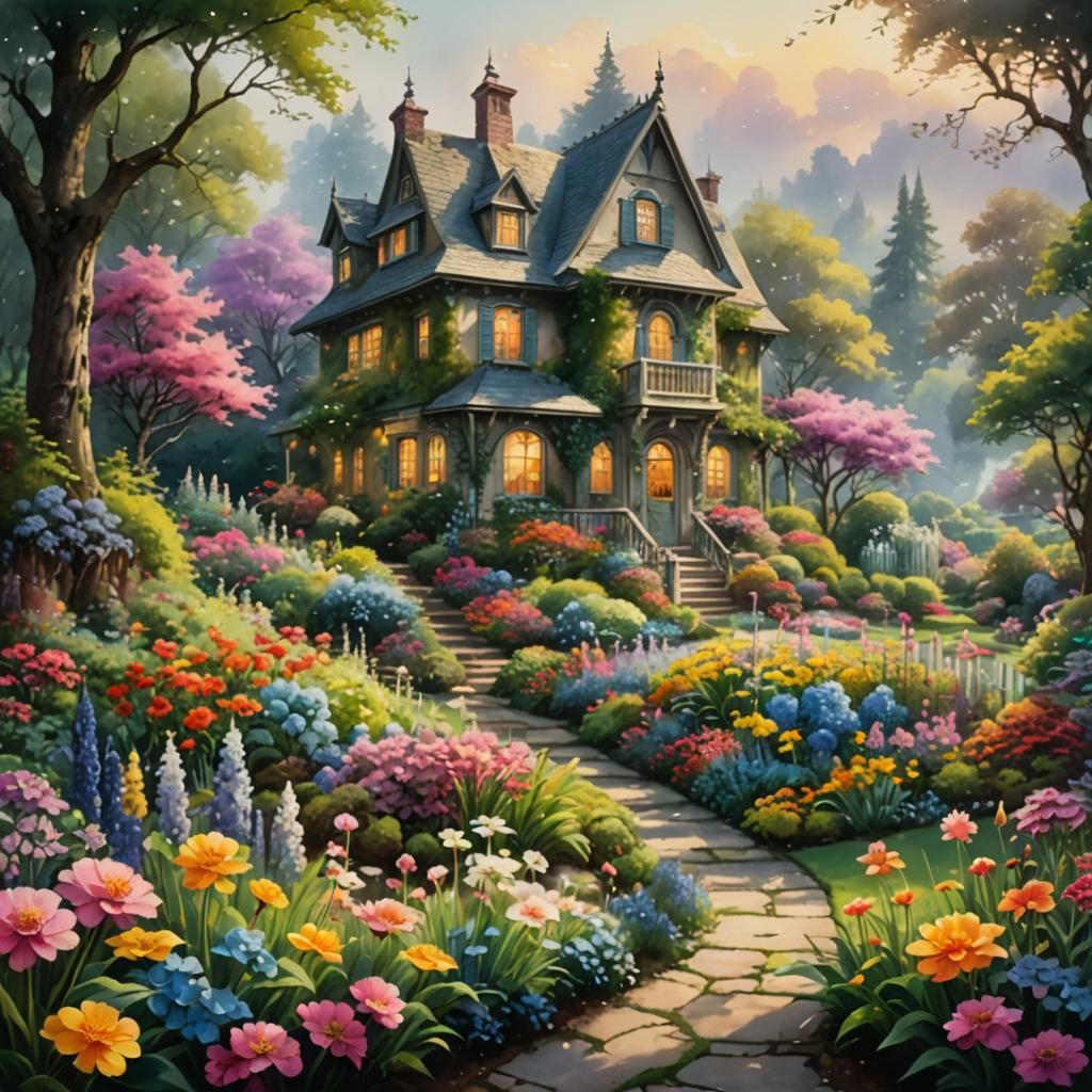A garden house in a blooming flower garden