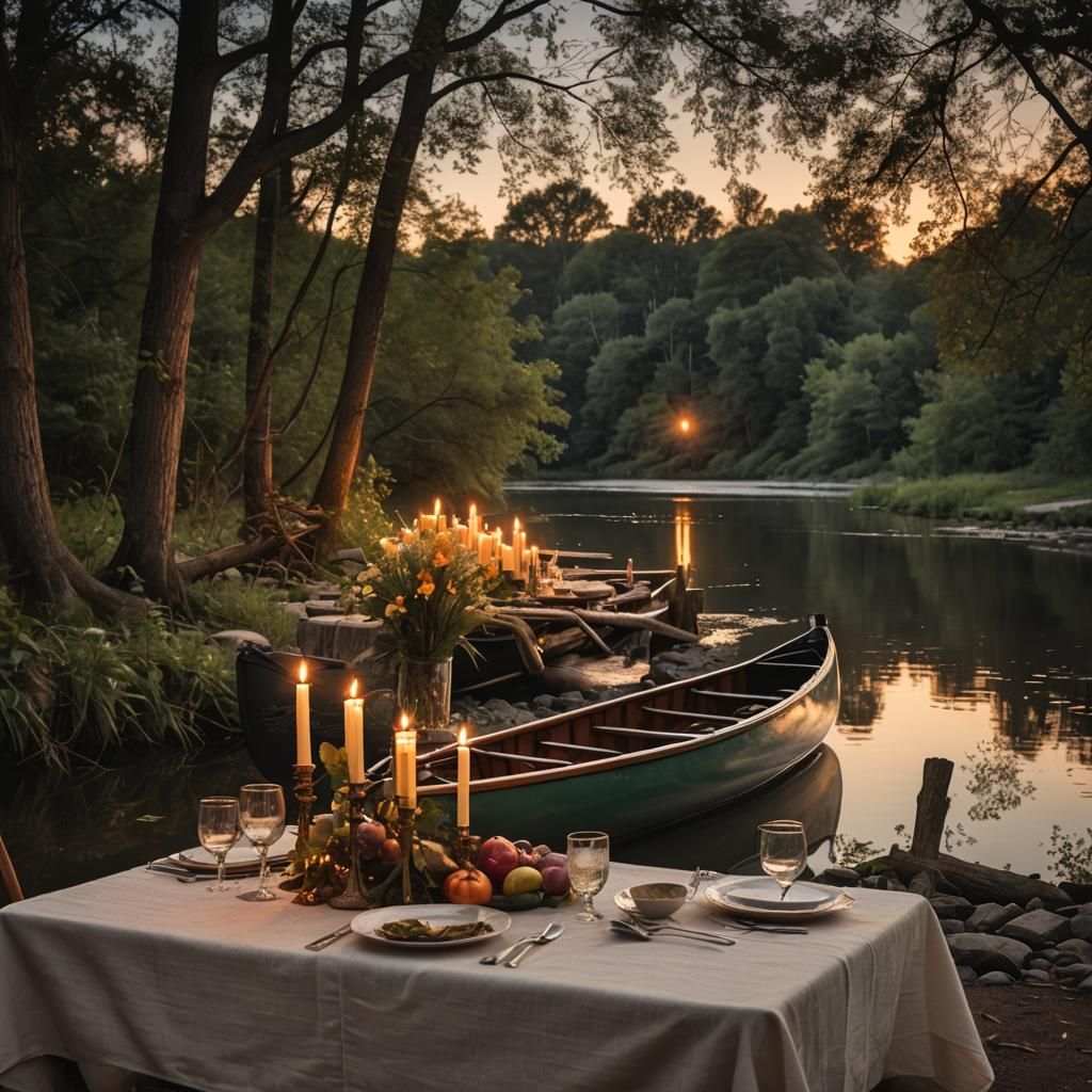 A beautiful calm candlelit dinner table next to a river with...