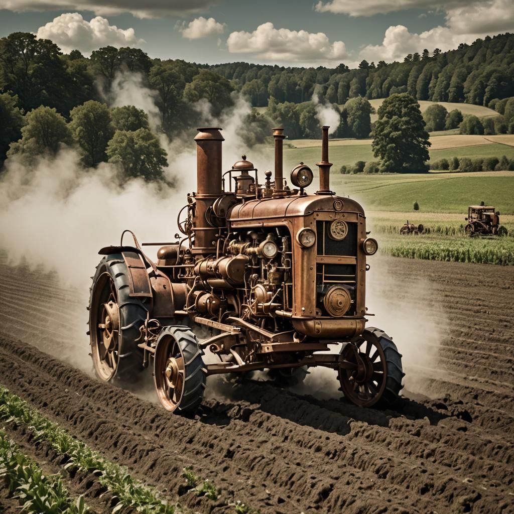 A Steampunk tractor plowing a field.