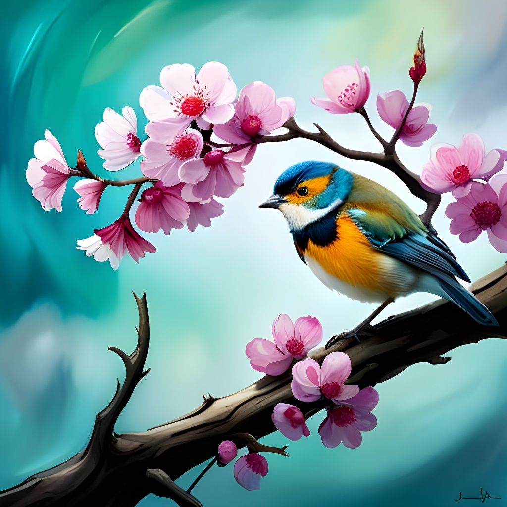 A Colorful Bird and Cherry Blossoms  by @Asteria