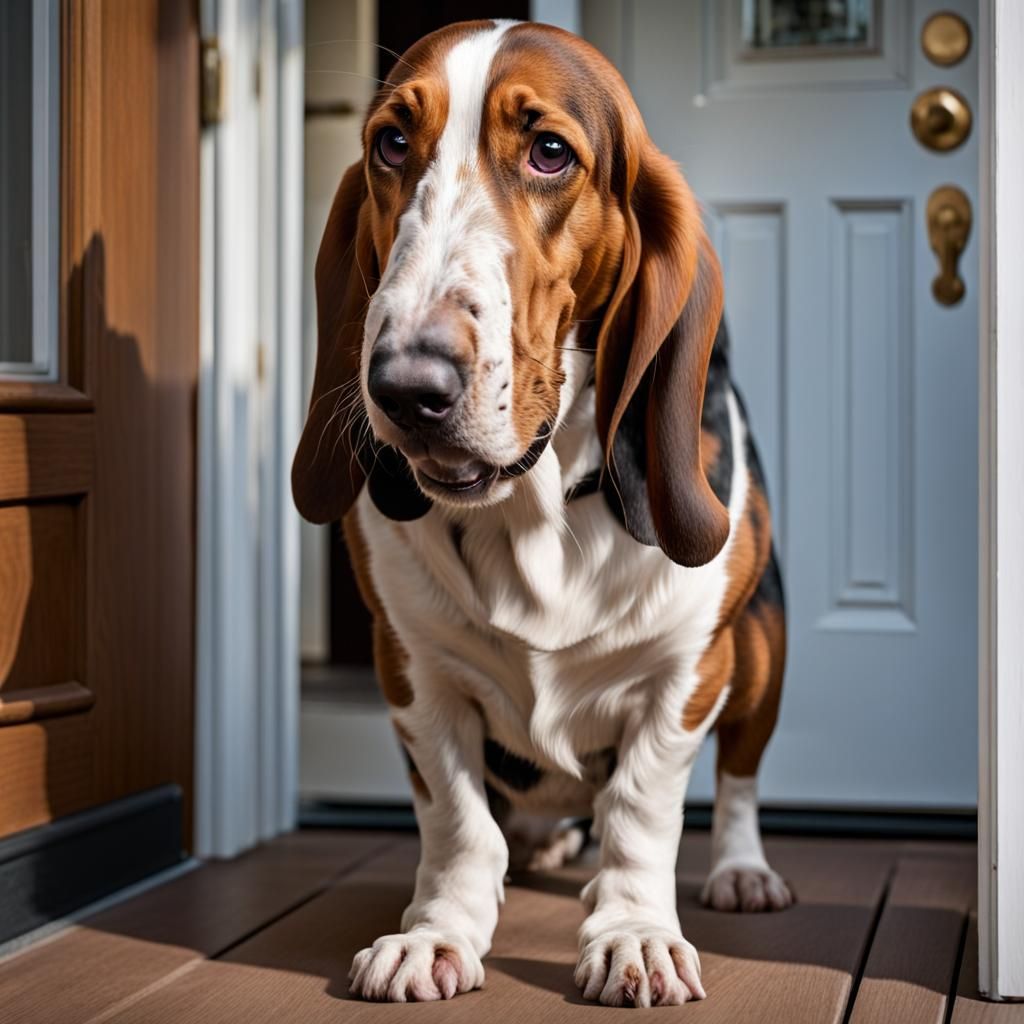 Basset hound at the front door barking to be let into the ho...
