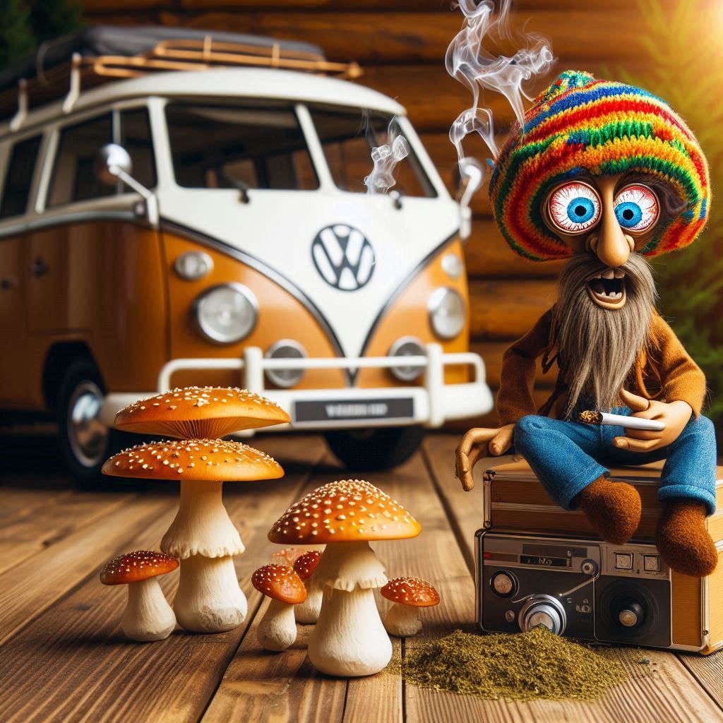 Crazy mushrooms with crazy eyes in the style of a hippie smo...