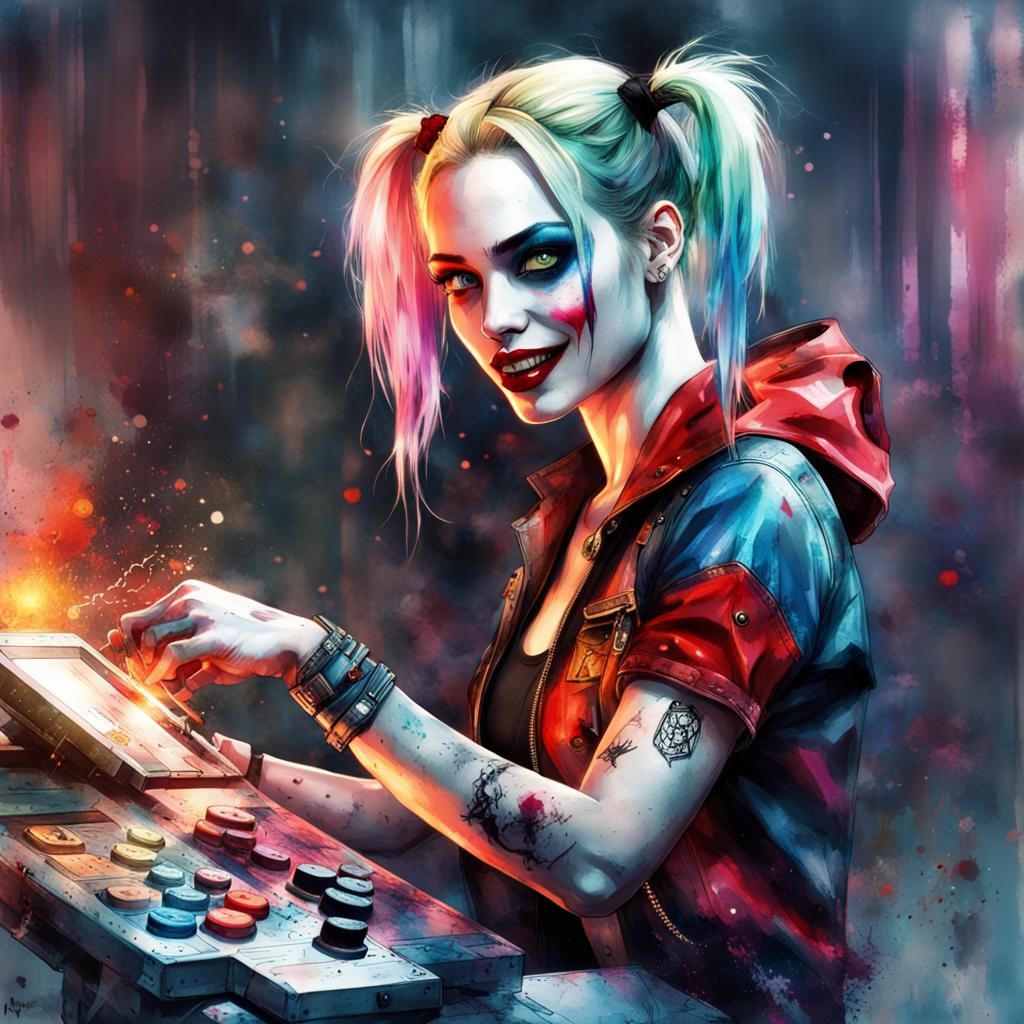 Harley Quinn playing to video game ; special effects, arcane magic ...