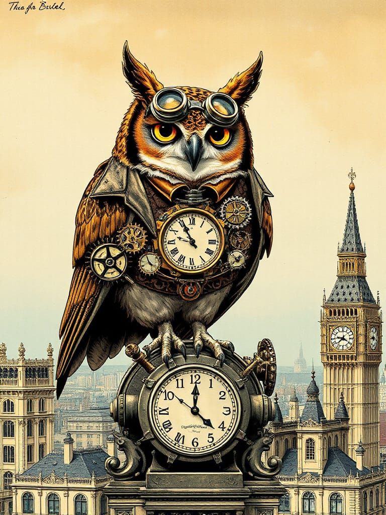Picture a steampunk female owl with intricate gears and clockwork mechanisms, perched atop a towering ...  by @Golem