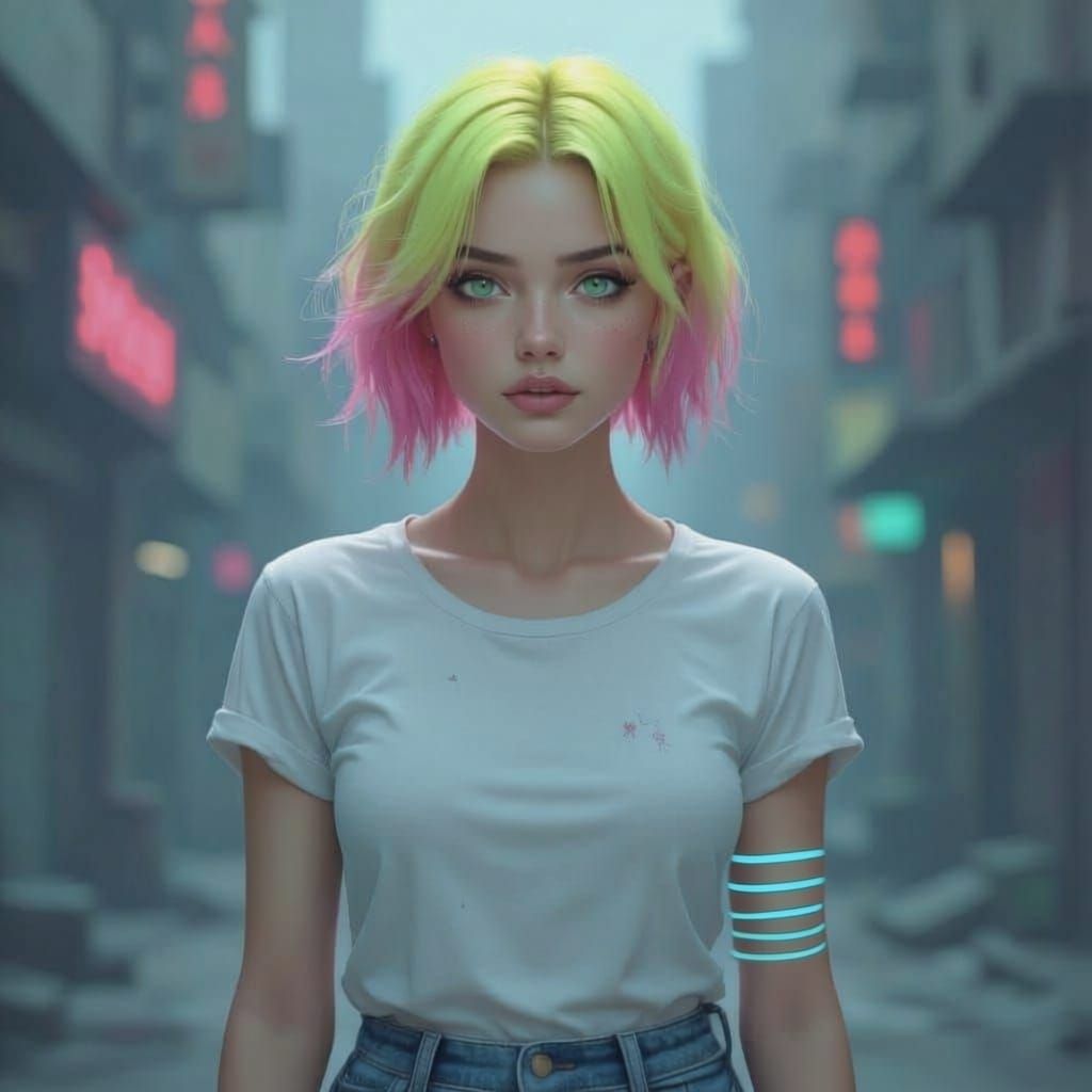 A twenty-five year old woman, who lives in a dystopian fantasy world. She has a neon yellow hair with pink tips. Hair is short, only reachin...