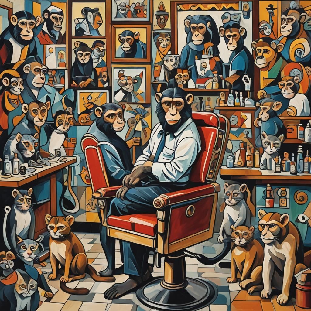 A Barber's Shop with Monkeys and Cats in the style of Picasso - AI ...