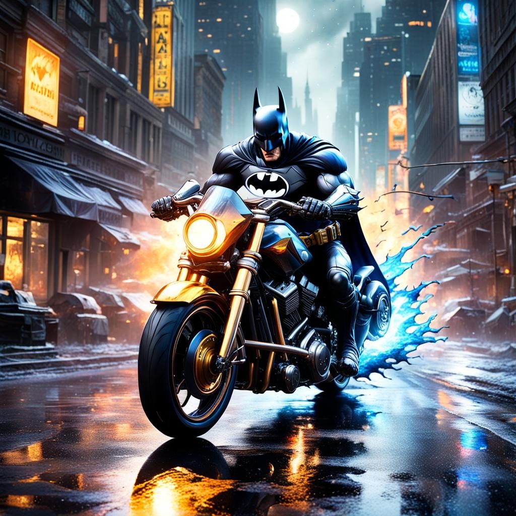 digital bright colors 3d fantasy art Batman riding motorcycl...