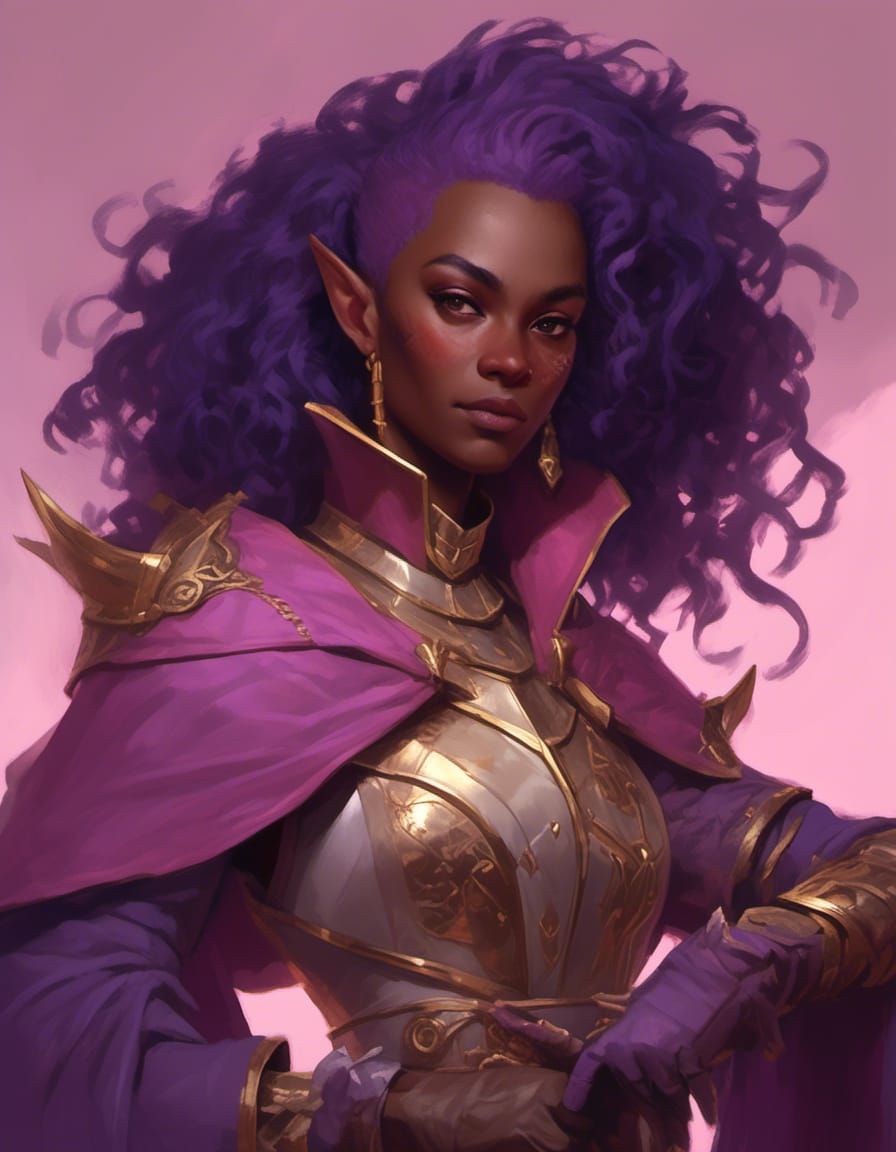 <lora:Gaming Artstyle:1.0> Character Portrait for D&D, Female Elf mid 20s, Dark Skin, Purple Afro Hair that fades to pink, Friendly express...