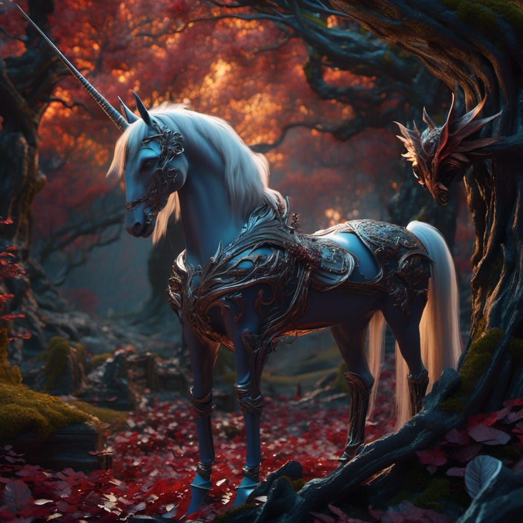 <lora:Dark Sinister:1.0> dark unicorn in enchanted woods, 8k resolution, dark fantasy concept art, dynamic lighting, hyperdetailed, intricat...