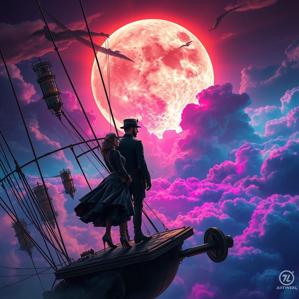 we got lost, a tale of lost love, a steampunk couple drifting apart, animation, neon and colorful
  by @Hereami