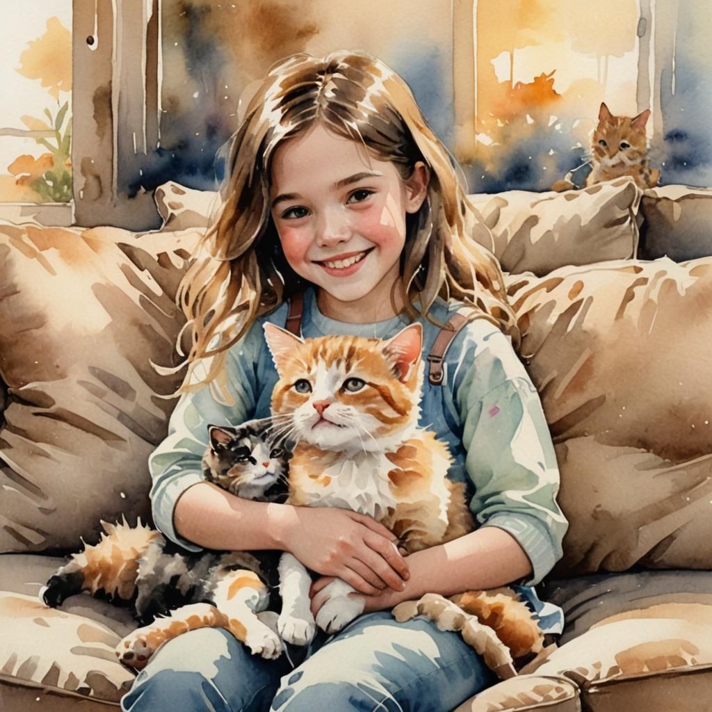 A little girl with a puppy and a kitten curled together on her lap