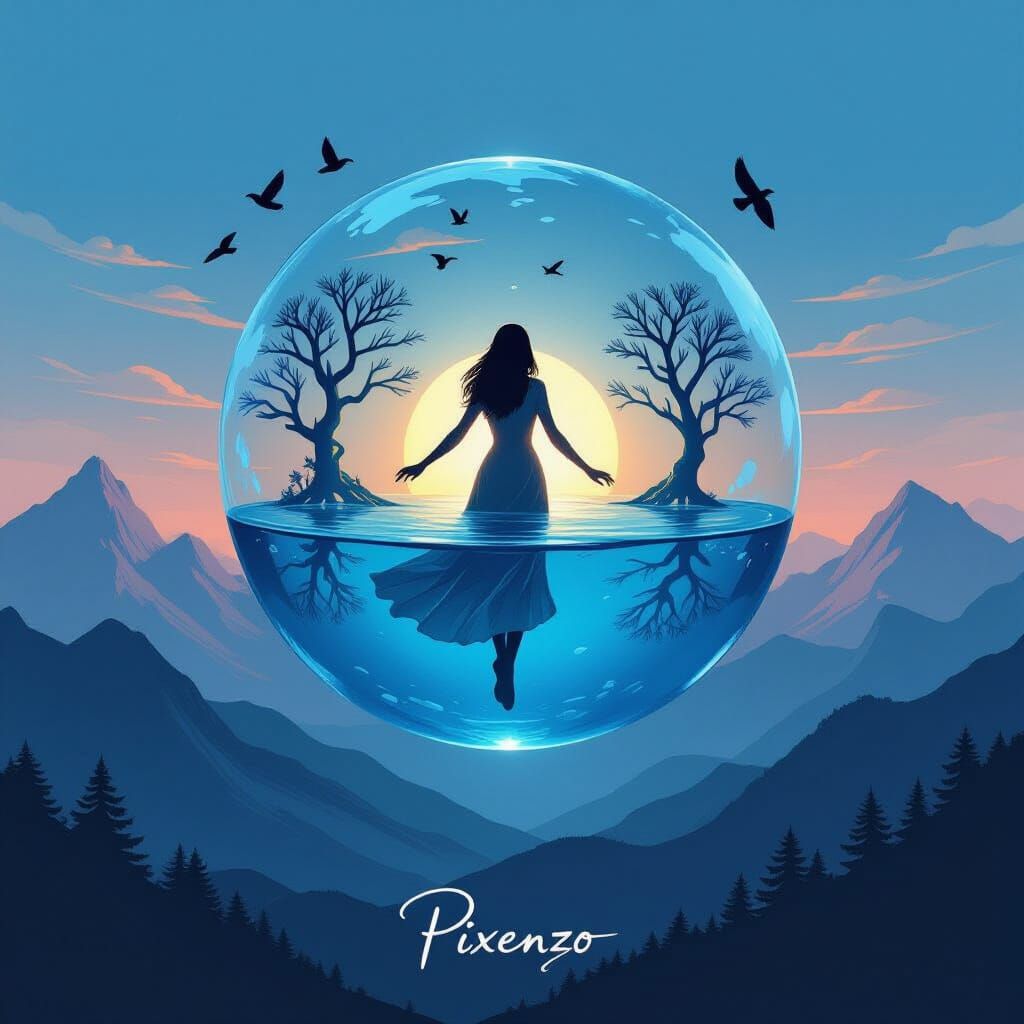 Surreal Fantasy Woman Floating Above Mountain Landscape with...