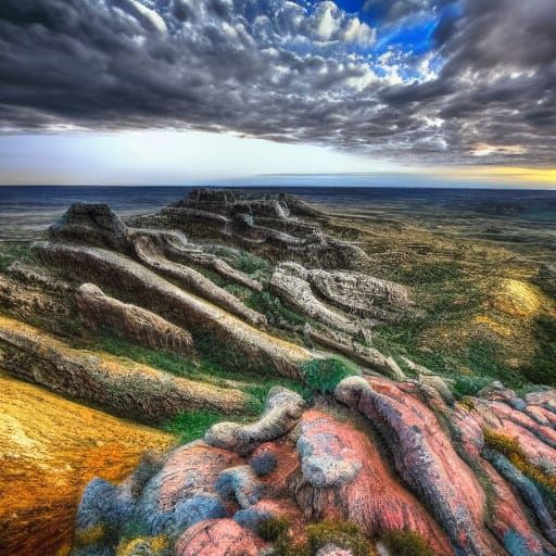 Surreal Cliffside Landscape in Vibrant, Swirling Colors