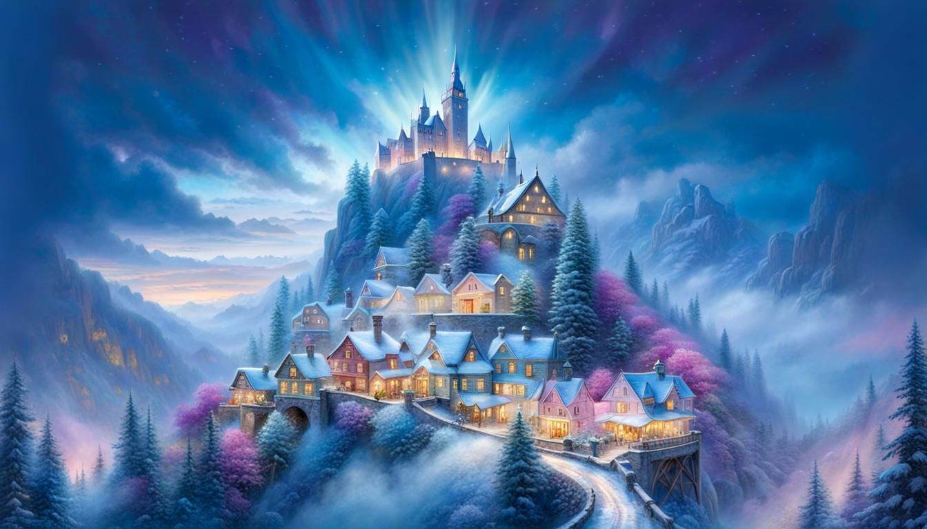 Whimsical Village on Mountainside in Ethereal Fantasy Style