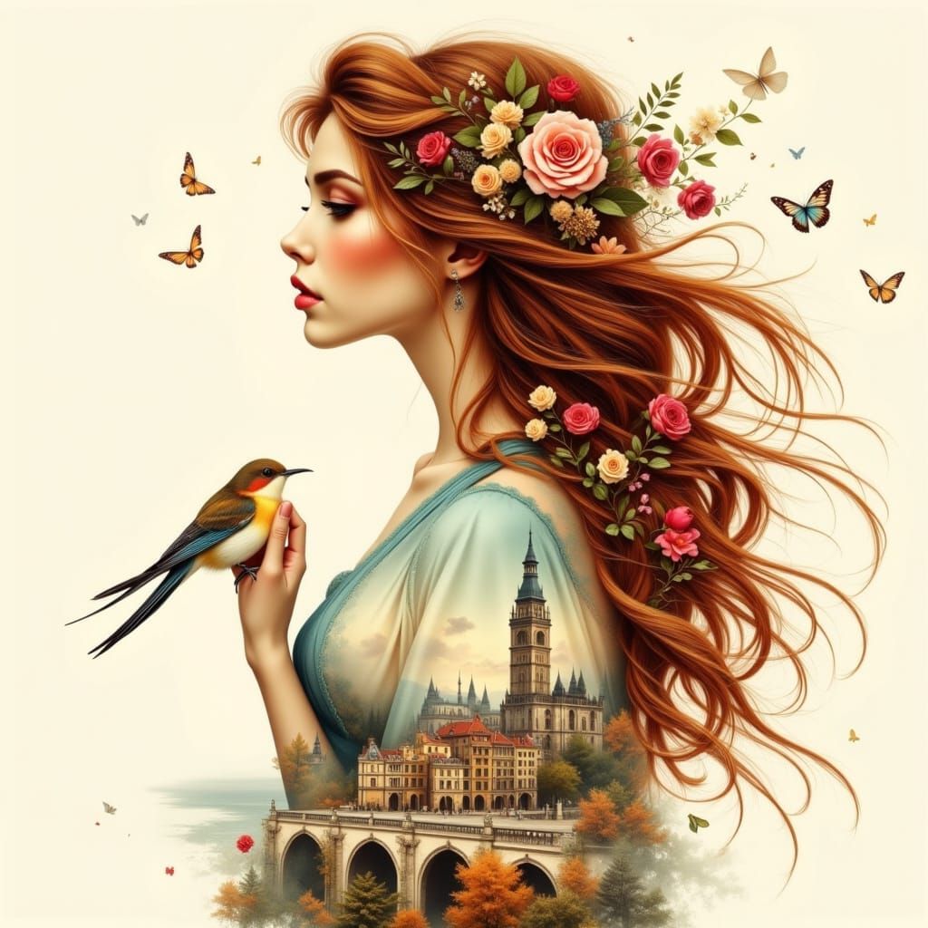 Ethereal Woman in Double Exposure Cityscape