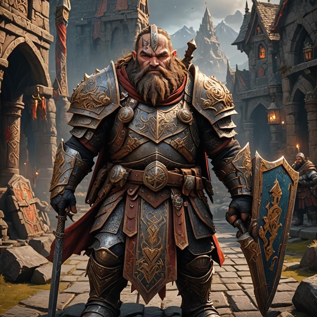 scarred dwarven paladin with battle standard