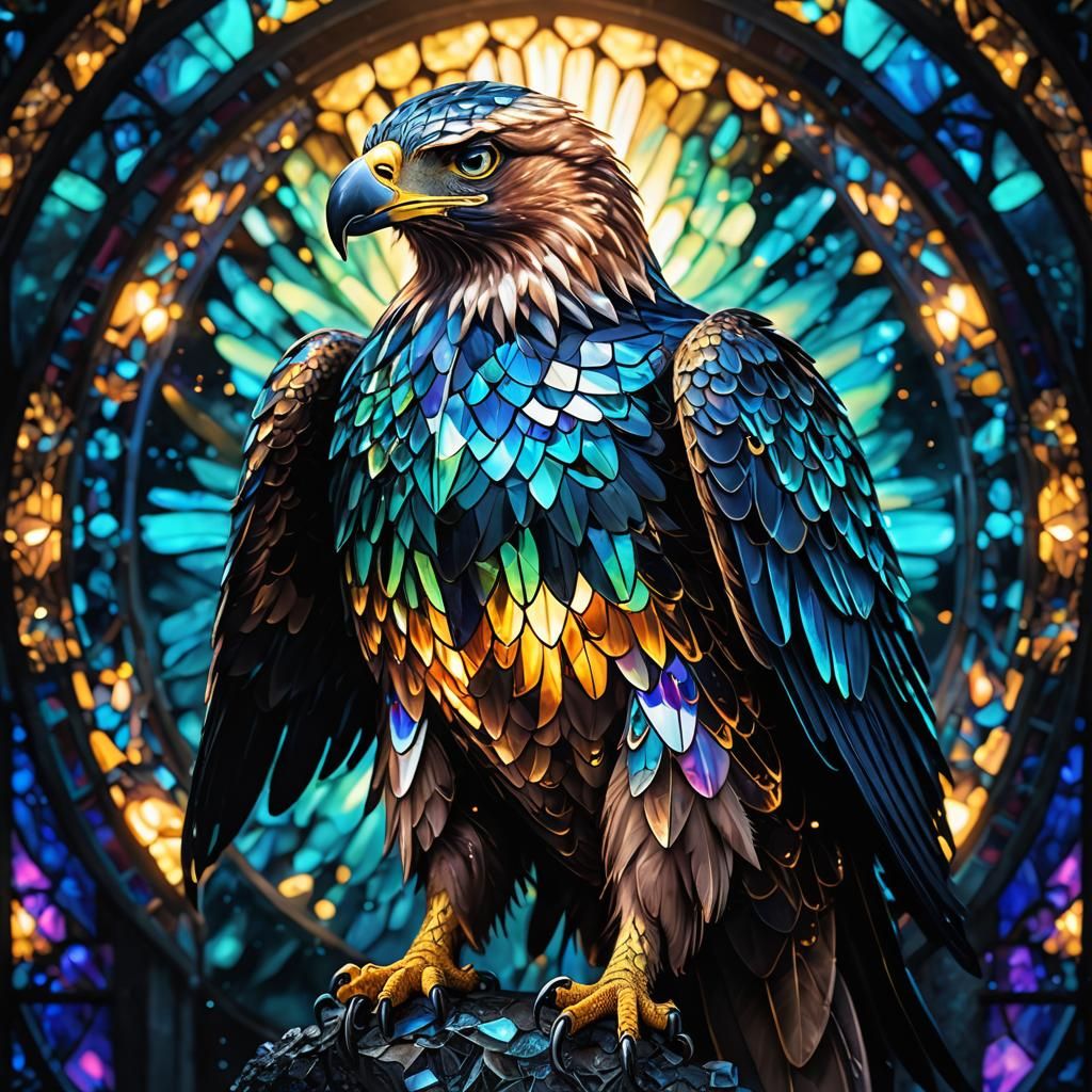 Imperial Eagle. Broken Glass effect, bokeh background, stunning energy, stained-glass textures, iridescent and luminesce...