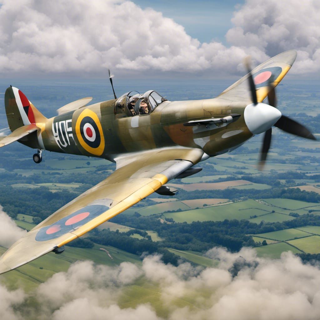 A WW2 British Supermarine Spitfire, flying in the clouds above England ...