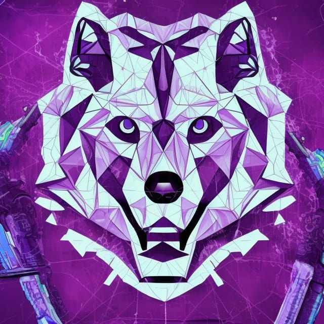 A geometric wolf's face in purple and blue shades biopunk zo...