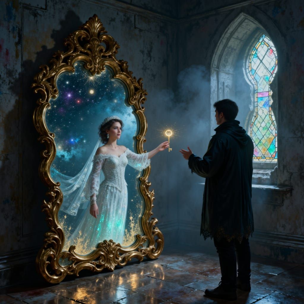 An Antiqued golden gilded mirror leans against a wall in a moonlit chamber with a large Keyhole-shaped window with stained glass inside, the...