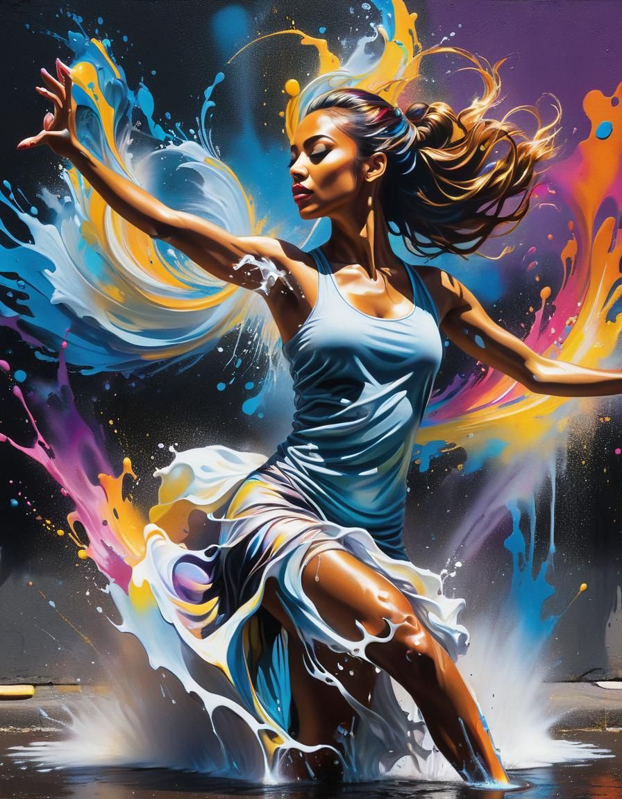 female dancer made of light and water graffiti art, splash art, street