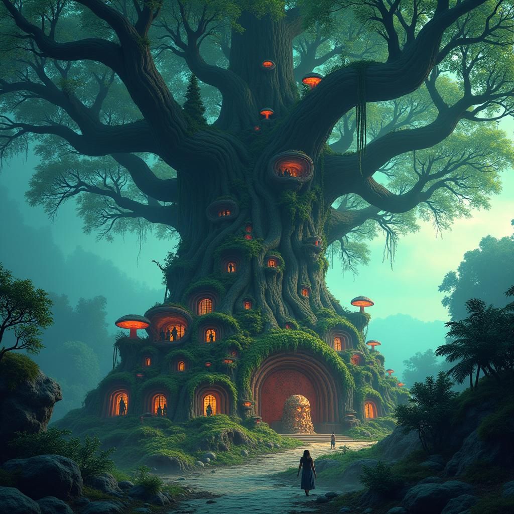 a Massive mayan dead tree styled like Amazonian with a town built around it