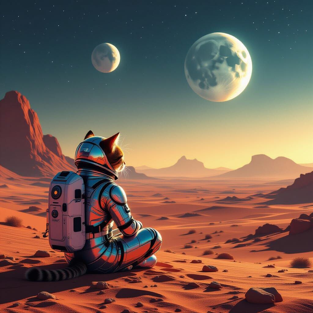 Cat in Spacesuit Gazes at Alien Desert Under Two Moons
