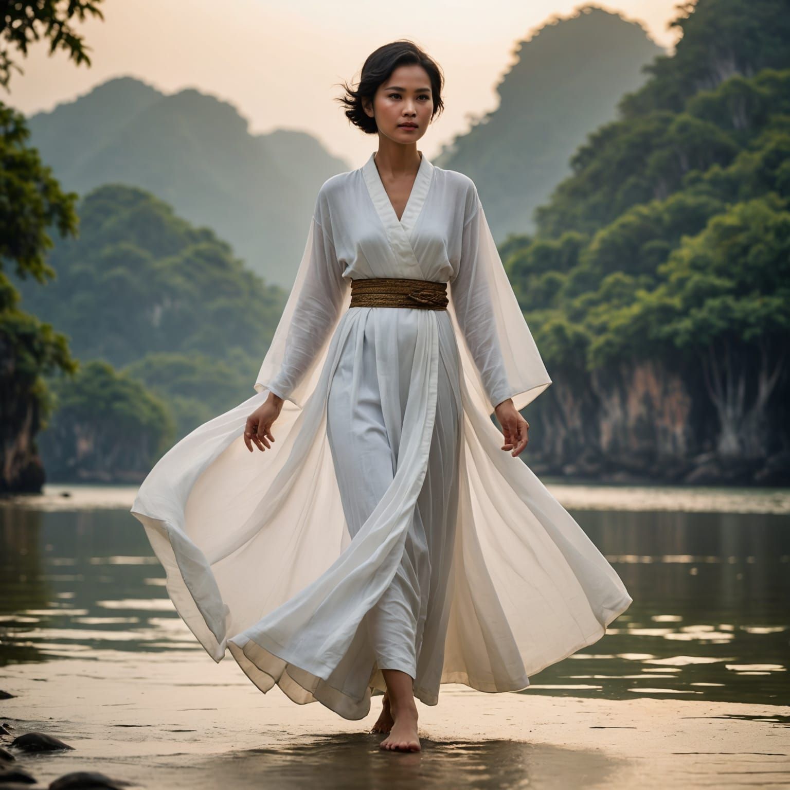 Angelic Thai Woman with Sword in Ethereal Light