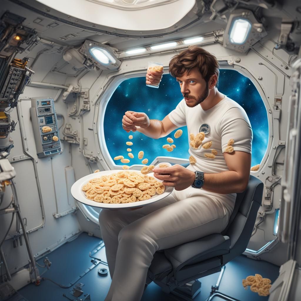 Spaceship interior. Man eating cereal in zero gravity. Floating milk ...