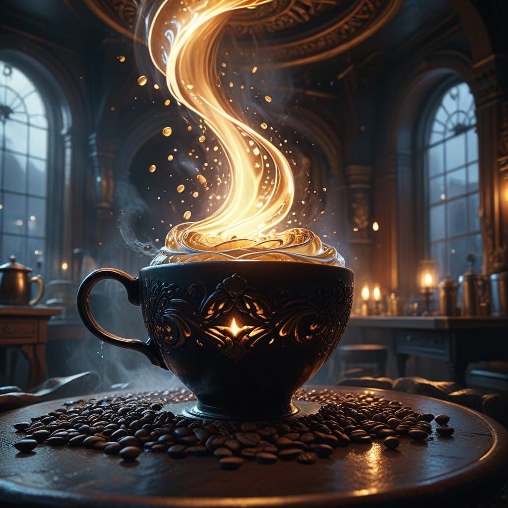 Ethereal Coffeehouse Scene in Dark, Ornate Setting