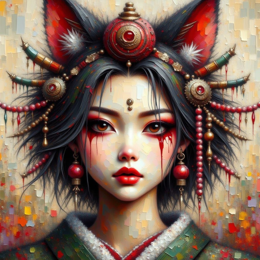 <lora:HRH-oil-and-grunge:1.0> Oil and watercolour, a stunningly beautiful, curvy exotic kitsune geisha ,hyper detailed , grunge