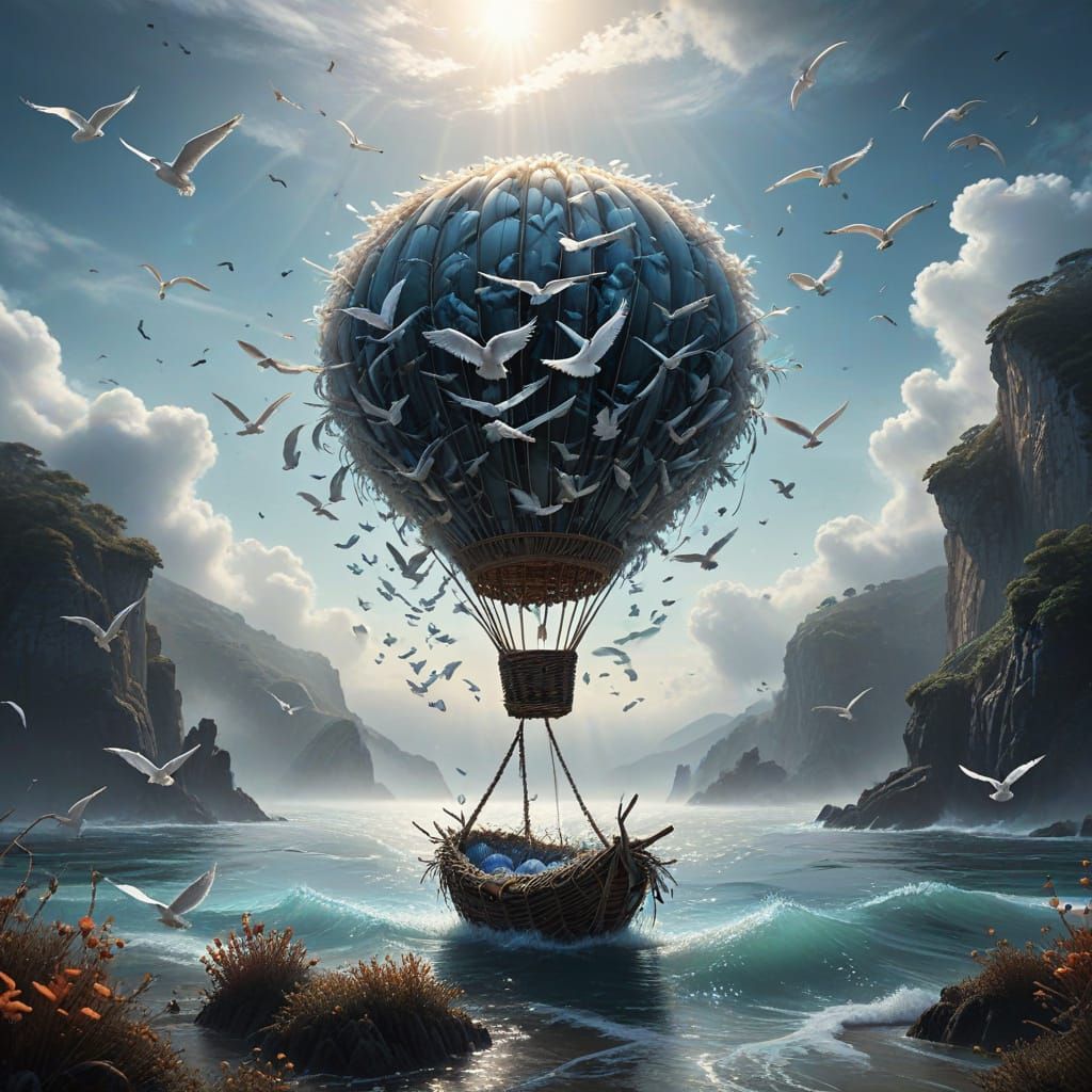 A surreal and poetic illustration of a hot air balloon