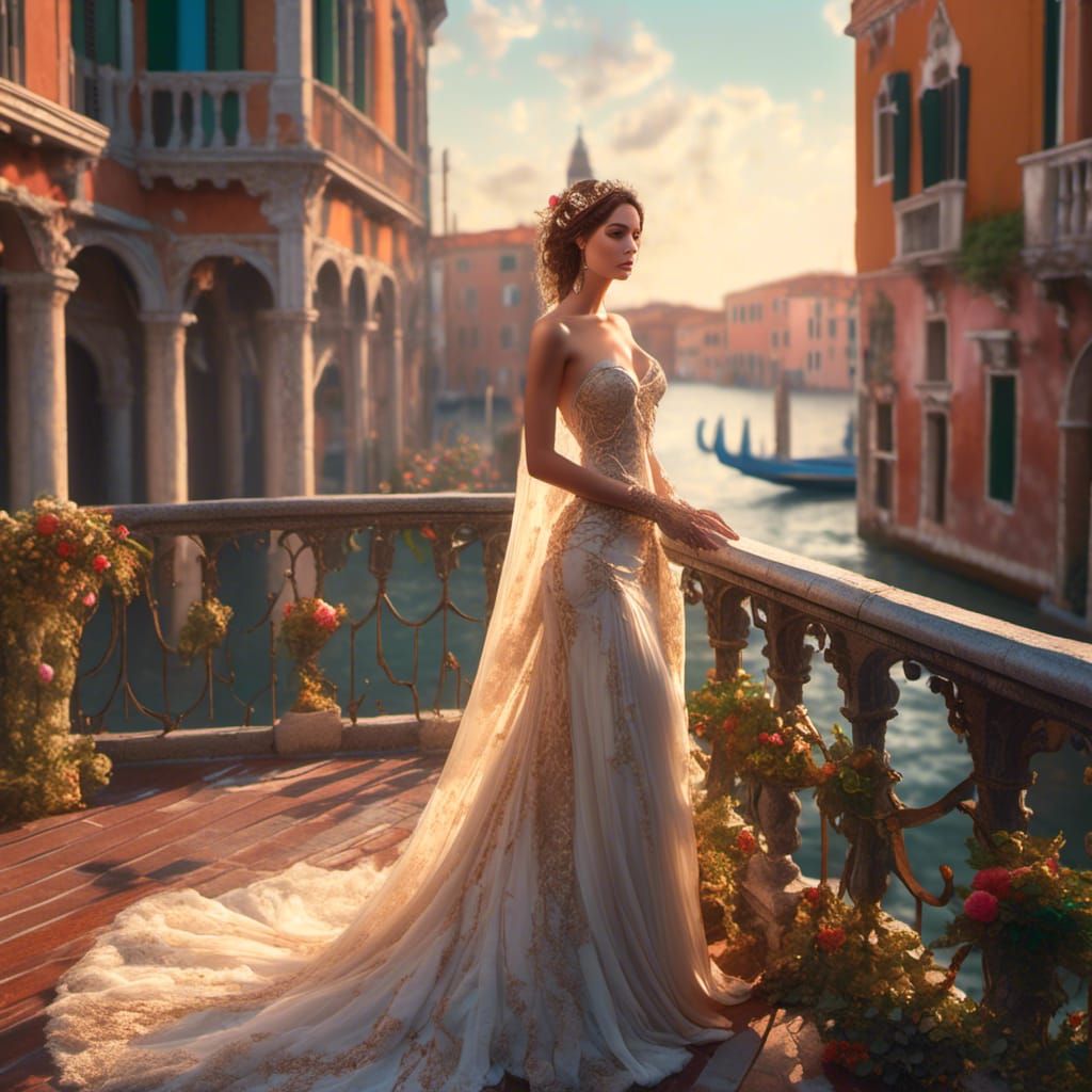 <lora:Bridal Elegance:1.0> bridal elegance, standing on a terrace in Venice