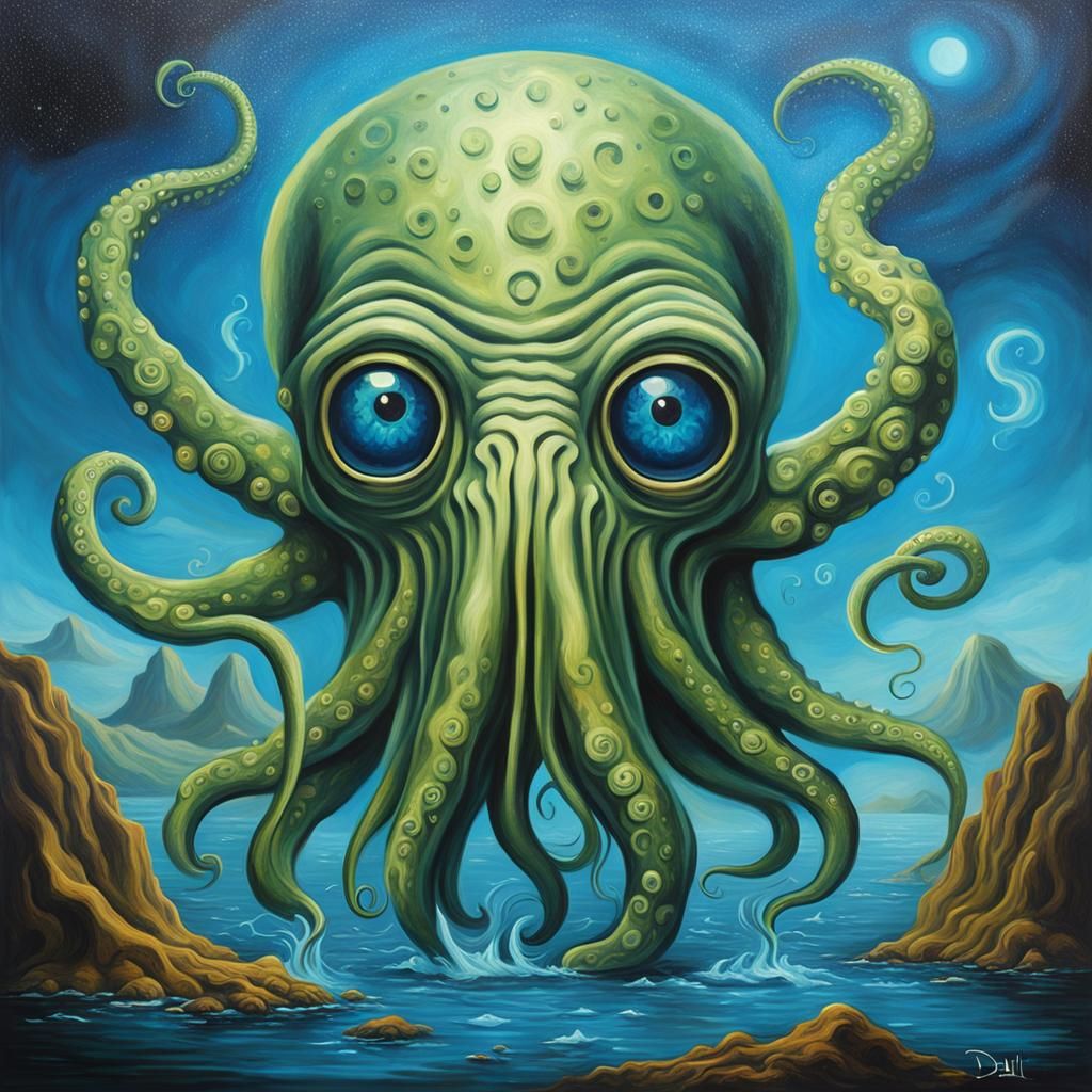 Hp Lovecraft's Cute Version Cthulu In Blue - Ai Generated Artwork 