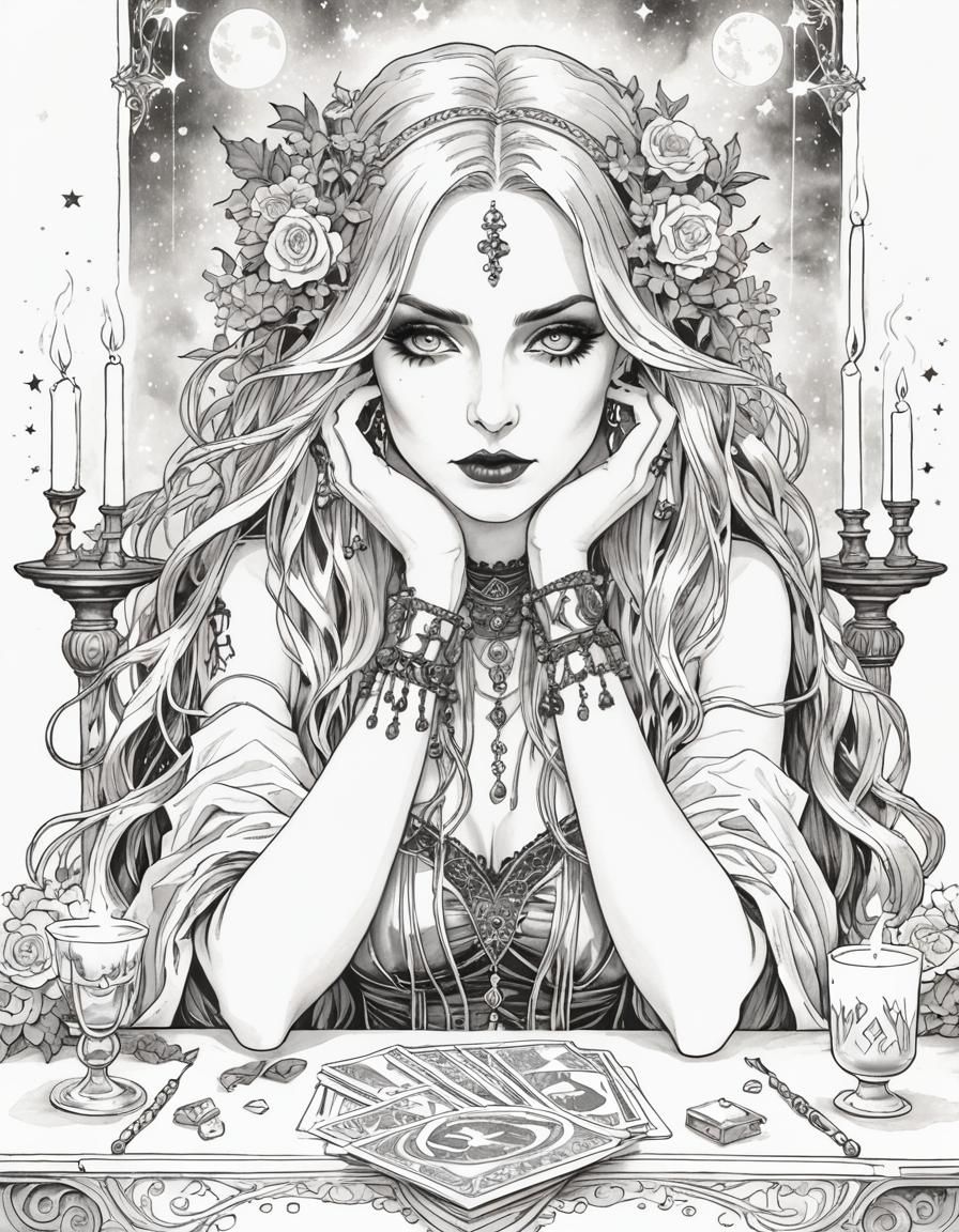 Portrait depicting a beautiful Gothic seer reading tarot cards at a table, punk/gothic witch disheveled clothing, lit candles and crystals,...